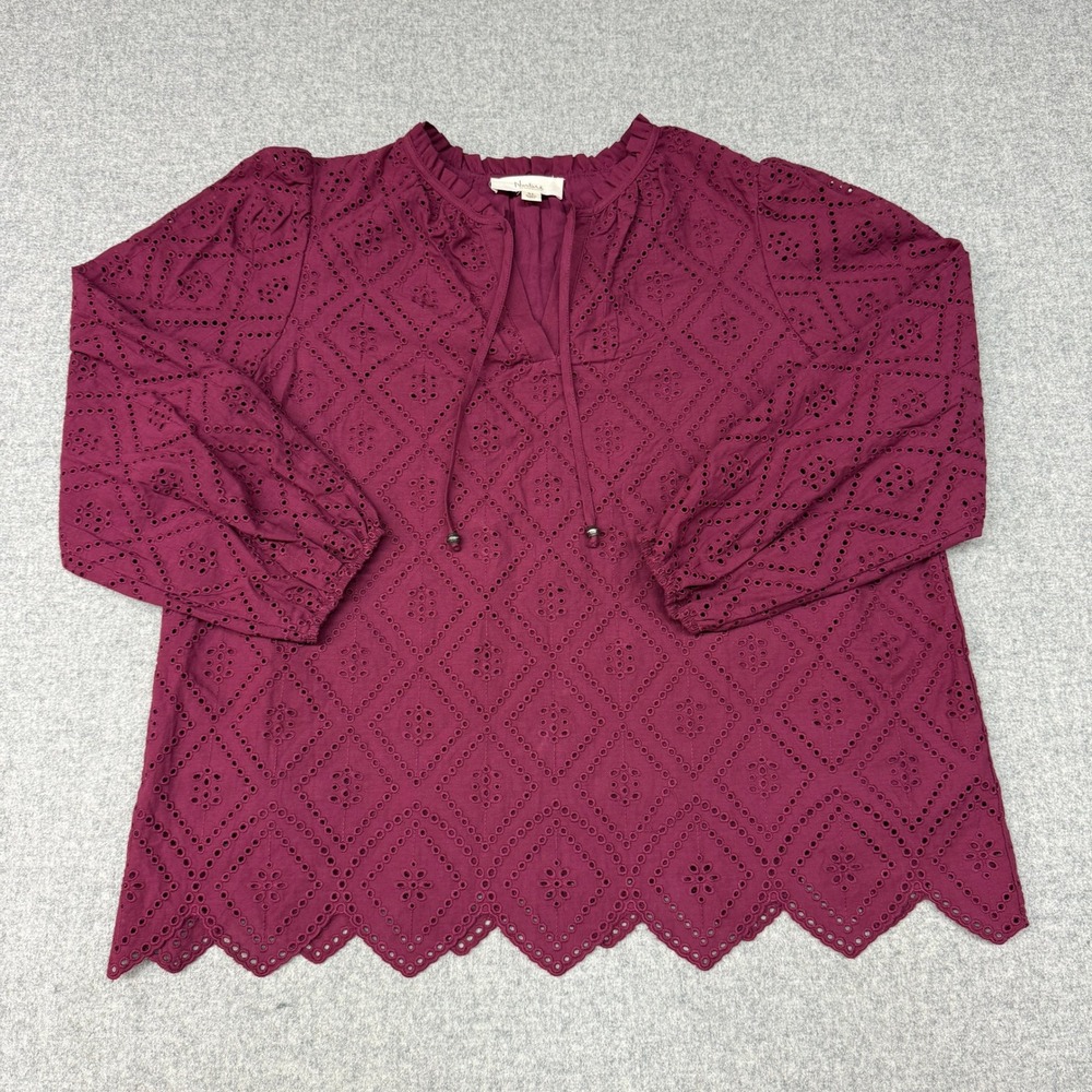 Nurture by Westbound Eyelet Blouse XL Burgundy Tie Neck Scallop Hem Long Sleeve